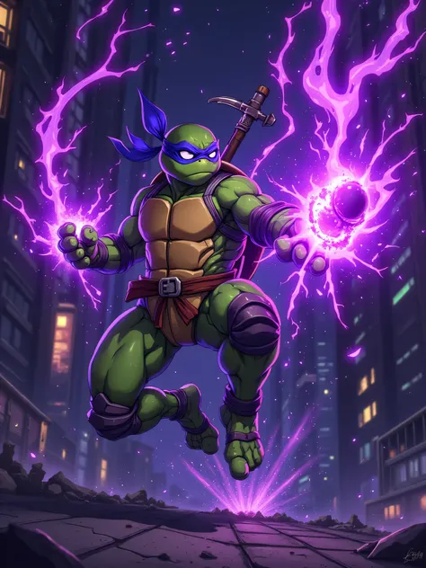 A muscular ninja turtle, but thinner , bouncing through the air in a powerful swivel kick. He holds his bo staff glowing with purple neon energy in one hand, as his mask flutters in the wind. His body is surrounded by threads of purple energy, creating a ...