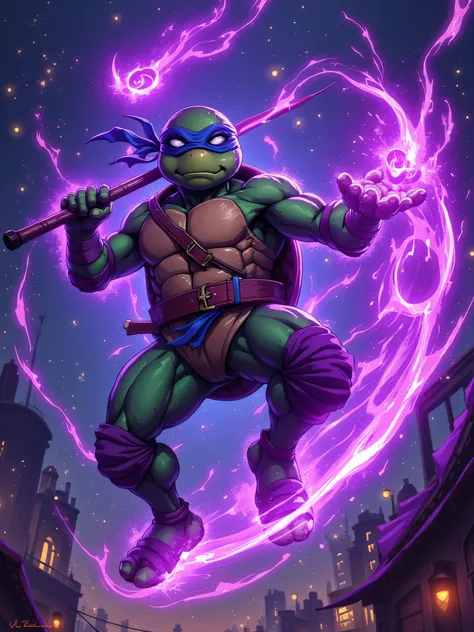 A muscular ninja turtle, but thinner , bouncing through the air in a powerful swivel kick. He holds his bo staff glowing with purple neon energy in one hand, as his mask flutters in the wind. His body is surrounded by threads of purple energy, creating a ...