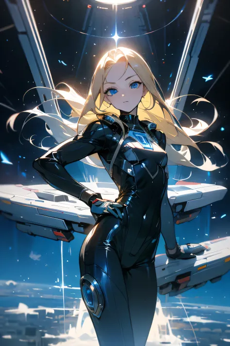 blonde 18 years old girl, straight hair, white skin, blue eyes, fit body, happy, shining, extraterrestrial on spaceship, neoprene black suit, captain of spaceship, leader