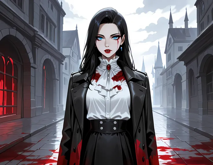 score_9, score_8_up, score_7_up,goth black and white anime art, (black and white art: 1.5) mostly black and white, a picture of a beautiful female vampire, best detailed face, black hair, long hair hair, blue eyes, wearing trench coat, wearing a skirt, wea...