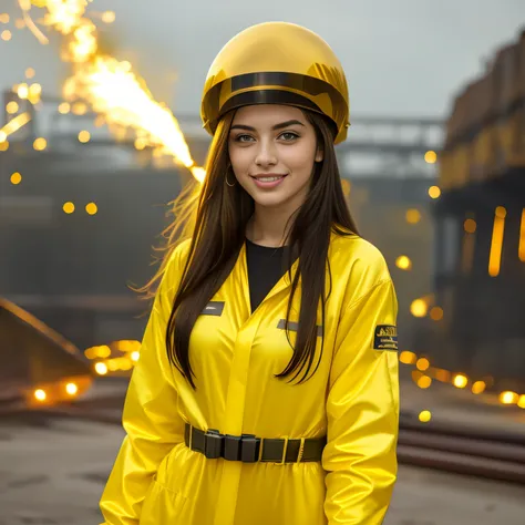 cinematic, Happy Russian Ukrainian eager with Green Eyes, (((full view))), ((  walking confidently into a steel company, welding sparks falling, molten metal, smiling, winking one eye))) face of a young woman with a perfect body big eyes , full lips and ra...