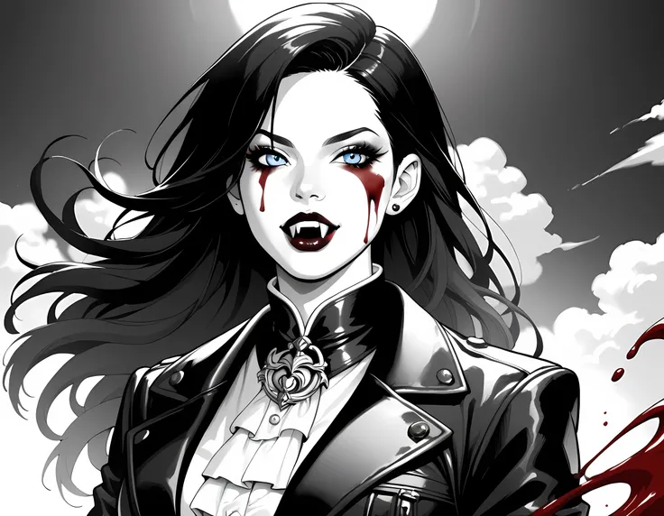 score_9, score_8_up, score_7_up,goth black and white anime art, (black and white art: 1.5) mostly black and white, a picture of a beautiful female vampire, best detailed face, black hair, long hair hair, blue eyes, wearing trench coat, wearing a skirt, wea...