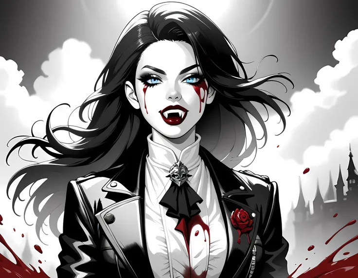 score_9, score_8_up, score_7_up,goth black and white anime art, (black and white art: 1.5) mostly black and white, a picture of a beautiful female vampire, best detailed face, black hair, long hair hair, blue eyes, wearing trench coat, wearing a skirt, wea...