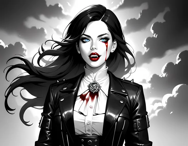 score_9, score_8_up, score_7_up,goth black and white anime art, (black and white art: 1.5) mostly black and white, a picture of a beautiful female vampire, best detailed face, black hair, long hair hair, blue eyes, wearing trench coat, wearing a skirt, wea...