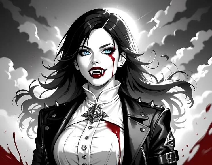 score_9, score_8_up, score_7_up,goth black and white anime art, (black and white art: 1.5) mostly black and white, a picture of a beautiful female vampire, best detailed face, black hair, long hair hair, blue eyes, wearing trench coat, wearing a skirt, wea...