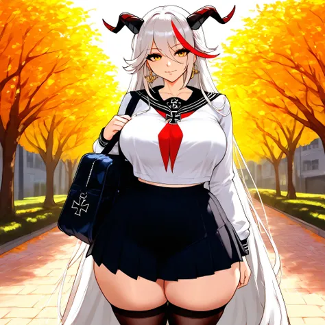 1girl, aegir /(azur lane/), white hair, long hair, red hair, multicoloured hair, streaked hair, large breasts, big breasts, yellow eyes, hair on horns, demon horns, silver hair, alternative costume, thicc thighs, curvy body, black skirt, pleated skirt, sch...