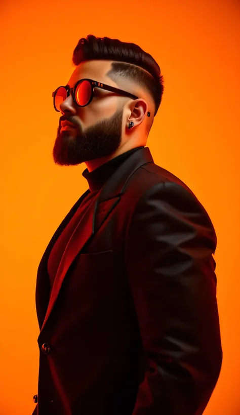 ((Davar)) A 30-35-year-old white man with a thick, well-groomed beard, an undercut hairstyle with short, futuristic fashion | man | model |high-end fashion | minimalist clothing | hyperrealistic portrait | modern fashion frames | dark shadows | orange back...