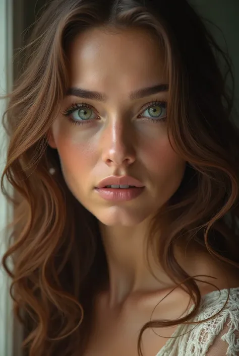 woman with big green eyes long curly hair, brown color  