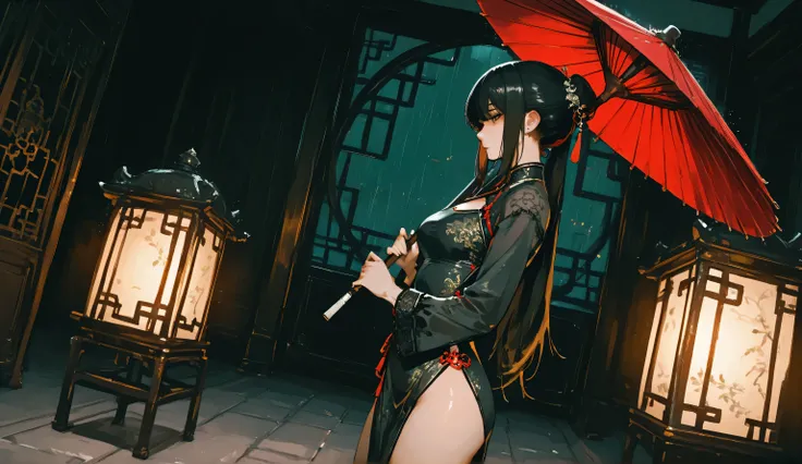 Rainy Day, A Chinese woman with a sad expression, Wearing black embroidered cheongsam, Holding an oil-paper umbrella, Standing in a Chinese garden, from side, Wide-Angle, chiaroscuro, cinematic lighting, UHD, retina, masterpiece, textured skin, high qualit...