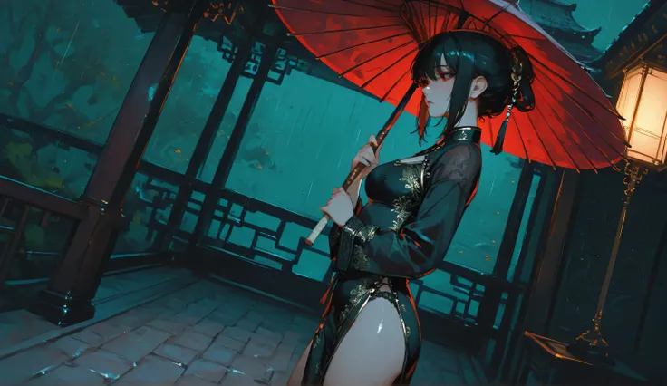 Rainy Day, A Chinese woman with a sad expression, Wearing black embroidered cheongsam, Holding an oil-paper umbrella, Standing in a Chinese garden, from side, Wide-Angle, chiaroscuro, cinematic lighting, UHD, retina, masterpiece, textured skin, high qualit...