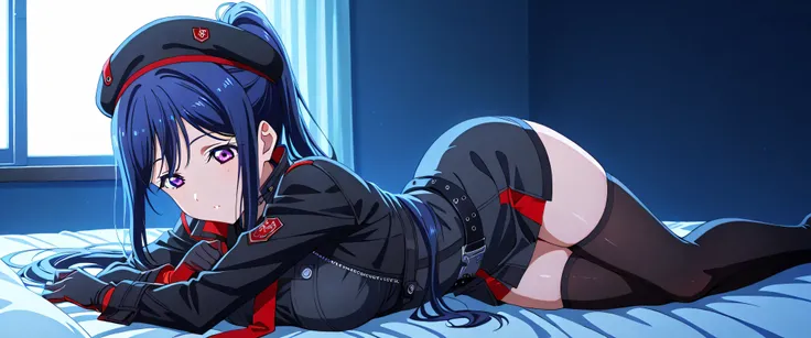 kanan matsuura, long hair, blue hair, purple eyes, ponytail, sidelocks, large breasts, beret, black jacket, short jacket, red tie, gloves, black shirt, belt, high socks, Lying in bed looking naughty