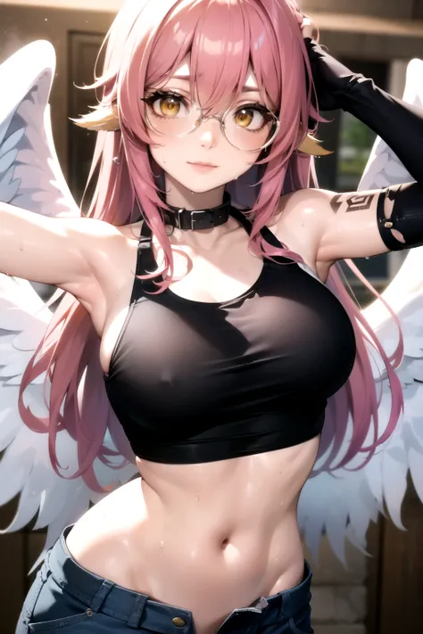 jibril, BREAK jibril, angel, angel wings, collar, animal ears, bird ears, compass rose halo, feathered wings, feathers, gradient hair, halo, long hair, low wings, multicolored hair, pink hair, symbol-shaped pupils, big breast, white wings, wing ears, wings...