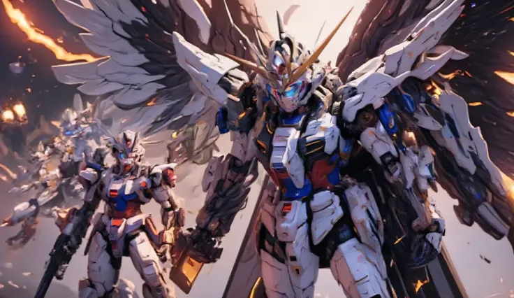 Group photo of all Gundams from the Gundam Wing Zero series, photographic quality, realistic characters , futuristic mecha , dynamic action , space battle scene, dramatic lighting, vibrant coloring, incredible details,4k,woman,photorealistic rendering,ph...
