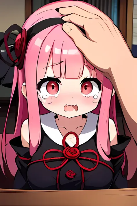 (POV headpat:1.6),(pov hand),kotonoha akane,((hanging eye)),Small eyes,red eyes, iris,(A single fang),round face,hair ribbon,long hair,pink hair,(((big breast))),(chubby),(((black dress:1.5))), detached sleeves, wide sleeves, bare shoulders ,(c(Kamigami)))...