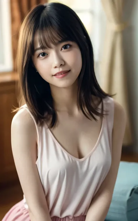 masterpiece, Top Quality, 8k, 18 years old, cute, alone, cute, ,  Delicate Girl, pure beauty,  RAW photo, professional photo shoot,  portraits,  Soft Light 、 professional lighting, upper body,  refined , film grain, ( Eye and Face Details :1.0), Short floa...