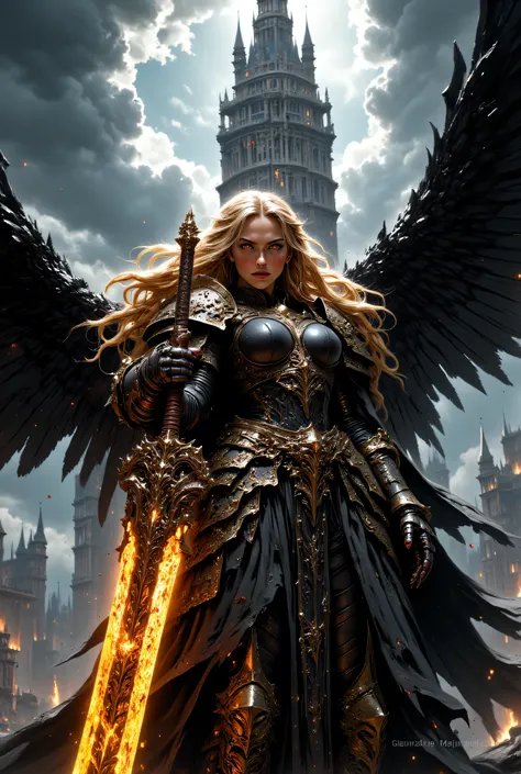 This high-quality digital artwork depicts a fierce, armored female warrior angel with long, flowing golden hair, holding an intricate glowing, runed yellow long sword. She has large, black wings and is clad in intricately designed, dark metal armor that co...