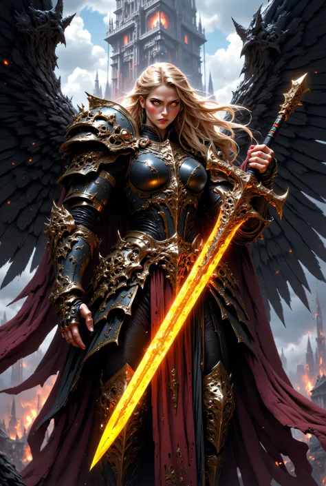 This high-quality digital artwork depicts a fierce, armored female warrior angel with long, flowing golden hair, holding an intricate glowing, runed yellow long sword. She has large, black wings and is clad in intricately designed, dark metal armor that co...