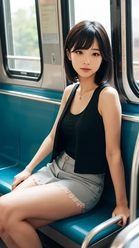  the woman is sitting in the train seat 。the woman is young、 Oriental face 。she is wearing a black vest-like jacket、white tank top、she is wearing a grey lace miniskirt。the skin color is natural、light-toned skin。she has shoulder-length black hair、 has bangs...