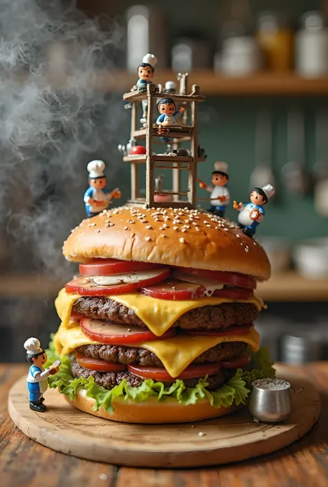 "Tiny miniature cooks, they work on a gigantic Smash Burger. Cooks, in chef hats and aprons, turn the meat of the burger, cheese melts and carefully places the ingredients. There is a small system of stairs and elevators above the burger, cooks use them to...