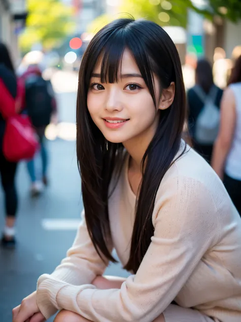 (Best quality, Masterpiece, Ultra High Resolution, (Photorealistic:1.4), Raw Photo, depth of field, professional lighting, perfect anatomy, extremely details), at street, 1girl, 15-years-old, the most famous Japanese idol, squatting, looking at viewer, (in...