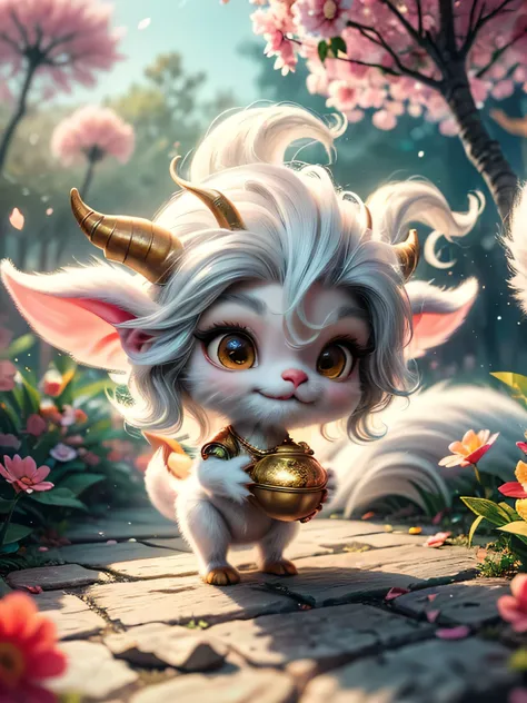 whimsical airbrush and oil painting, best angle of a Very cute mythical graceful transparent anthropomorphic furry satyr holds a goinya bowl, thin paws, fragile legs, satyr spirit, Mystical garden where peach tree grows in a professional photograph by Awwc...