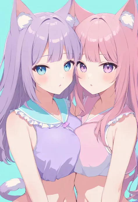 random hot and busty japanese girls, nekos, pastel color palette,