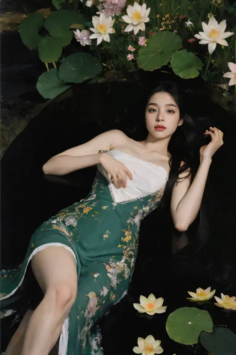 (oil painting:1.5),
\\
a woman with (long curtly hair ),  is lie on the ground, lotus, in water, (amy sol:0.248) with dress,  (stanley artgerm lau:0.106), (a detailed painting:0.353), (gothic art:0.106)