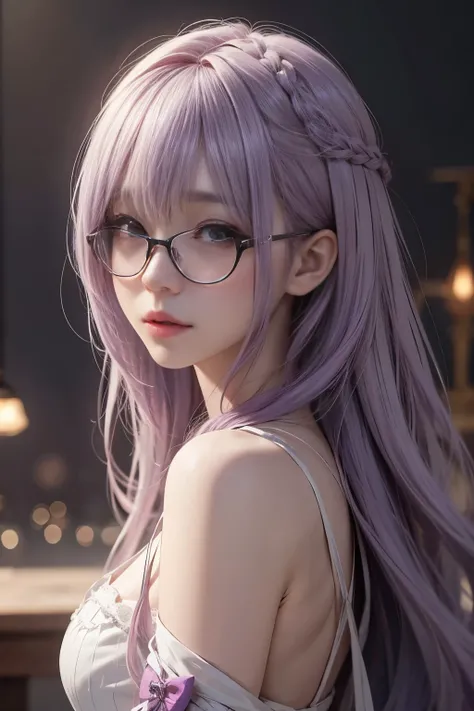 background（Black Night Sky，Big Moon），Woman close up，Wearing a white shirt、Purple Hair，Very long hair，very thick braids，Purple eyes，big breast,glasses, realistic girl rendering, 8k artistic german bokeh, Enchanting girl, Realistic girl, Gurwitz, Gurwitz-sty...