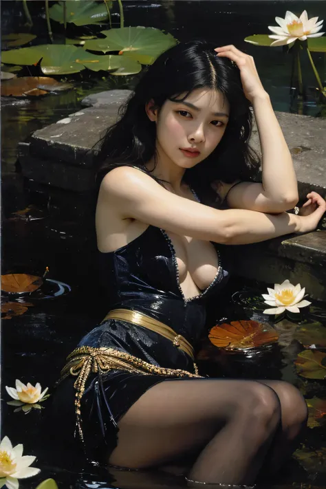 (oil painting:1.5), \\ a woman with (long curtly hair ), is lie on the ground, lotus, in water, (amy sol:0.248) with dress, (stanley artgerm lau:0.106), (a detailed painting:0.353), (gothic art:0.106)
