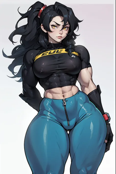 ((((muscular 1girl)))) ((thick thighs toned body )) (pale skin) black hair yellow eyes very long hair tight shirt and pants curly hair hair between eyes