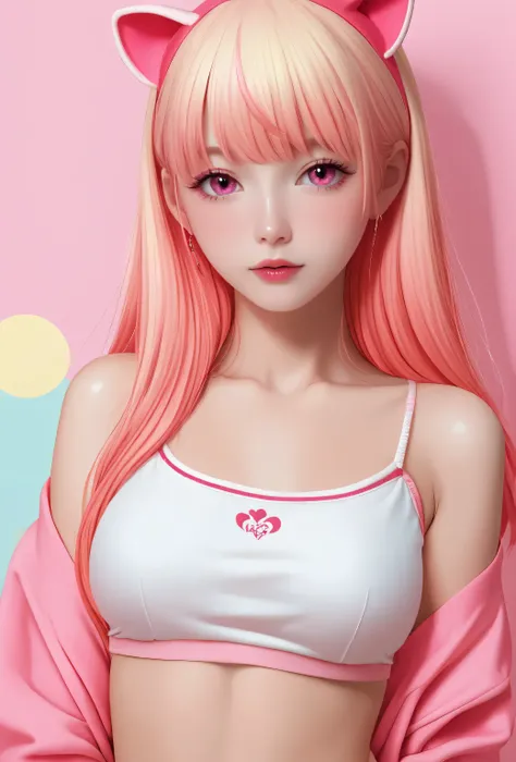 random hot and busty japanese girl, nekos, pastel color palette, no background, pastel background, colorful background,