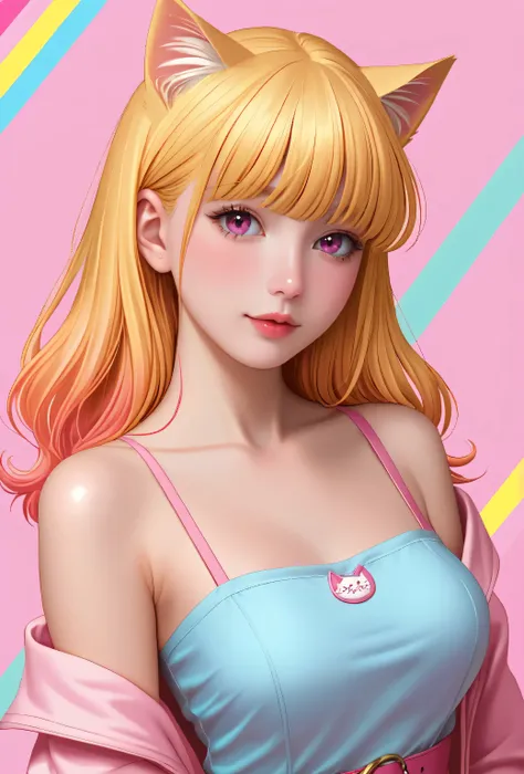 random hot and busty japanese catgirl, cat ears, pastel color palette, no background, pastel background, colorful background,
