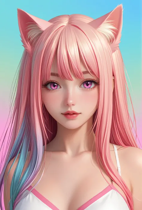 random hot and busty japanese catgirl, cat ears, pastel color palette, no background, pastel background, colorful background,