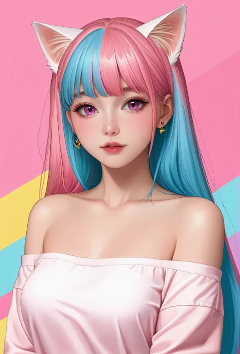 random hot and busty korean catgirl, cat ears, pastel color palette, no background, pastel background, colorful background,