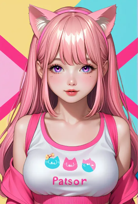 random hot and busty korean catgirl, cat ears, pastel color palette, no background, pastel background, colorful background,