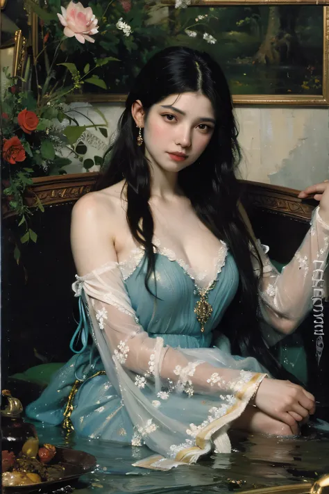 (oil painting:1.5), \\ a woman with (long curtly hair ), is lie on the ground, lotus, in water, (amy sol:0.248) with dress, (stanley artgerm lau:0.106), (a detailed painting:0.353), (gothic art:0.106)
