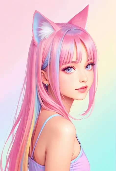 random hot and busty korean catgirl, cat ears, pastel color palette, no background, pastel background, colorful background,