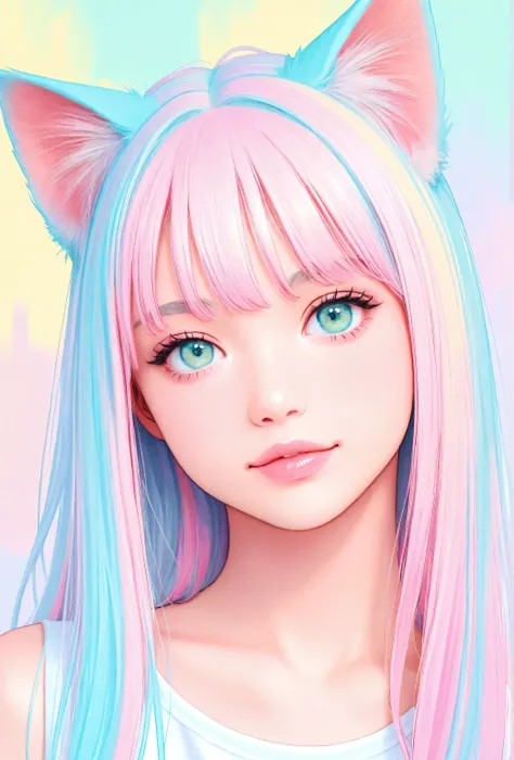 random hot and busty korean catgirl, cat ears, pastel color palette, no background, pastel background, colorful background,