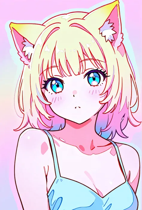 random hot and busty korean catgirl, cat ears, pastel color palette, no background, pastel background, colorful background,