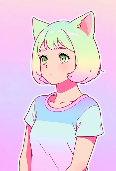 random hot and busty korean catgirl, cat ears, pastel color palette, no background, pastel background, colorful background,