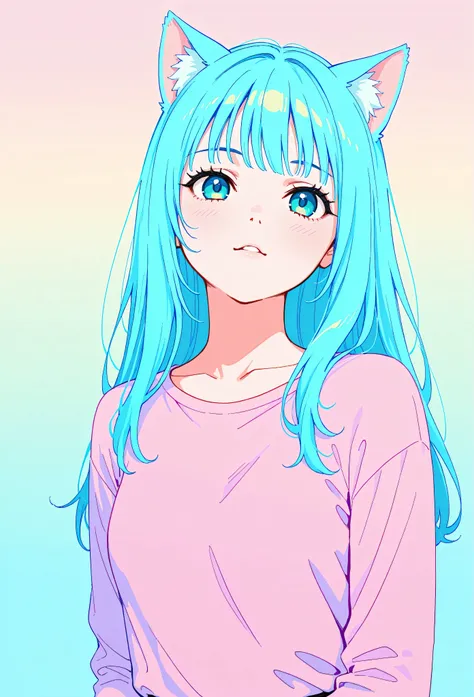 random hot and busty korean catgirl, cat ears, pastel color palette, no background, pastel background, colorful background, 