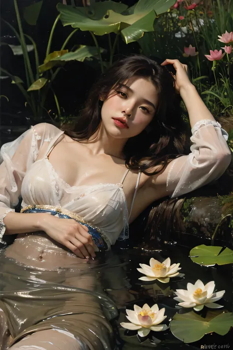 (oil painting:1.5), \\ a woman with (long red curtly hair ), is lie on the ground, lotus, in water, (amy sol:0.248) with dress, (stanley artgerm lau:0.106), (a detailed painting:0.353), (gothic art:0.106)
