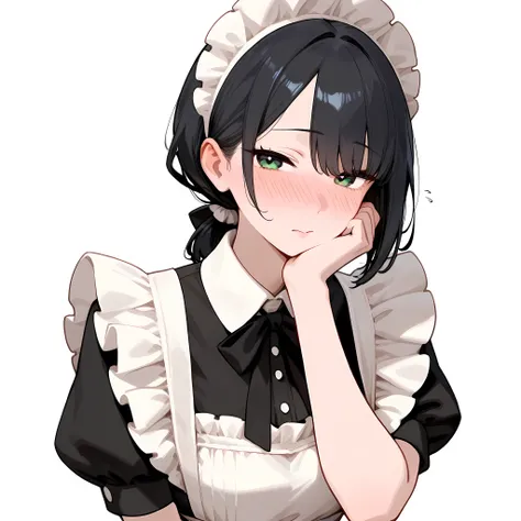 A girl, she looks Beutyful, she have short black hair, she look shy, she wearing a elegan maid outfit, (work of art) , (white background)