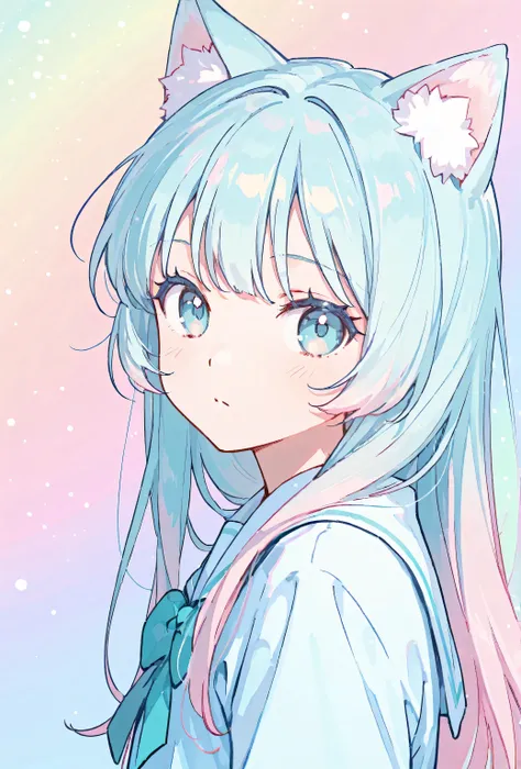 random hot and busty korean catgirl, cat ears, pastel color palette, no background, pastel background, colorful background, 