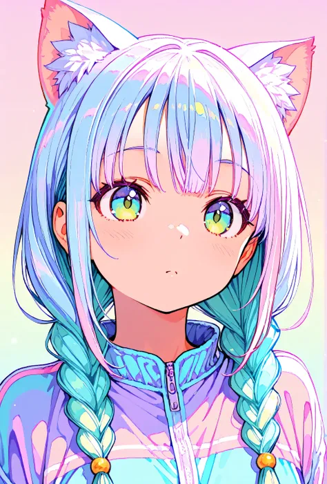 random hot and busty korean catgirl, cat ears, pastel color palette, no background, pastel background, colorful background, 