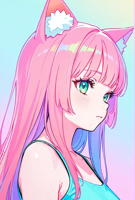 random hot and busty korean catgirl, cat ears, pastel color palette, no background, pastel background, colorful background, 