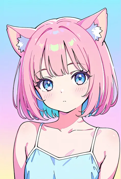 random hot and busty korean catgirl, cat ears, pastel color palette, no background, pastel background, colorful background, 