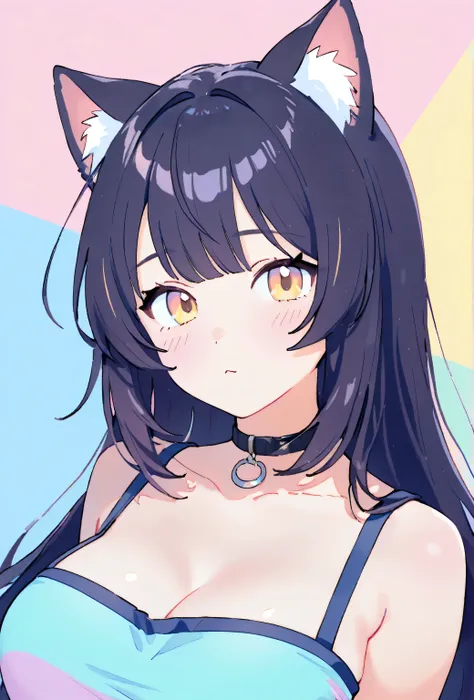 random hot and busty korean catgirl, cat ears, pastel color palette, no background, pastel background, colorful background, 