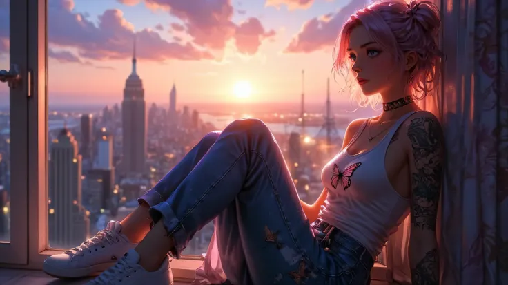 beautiful woman with gray eyes, short pink hair with two high bows, sitting in an office window resting her back on it, while looking out, through the window you can see a sunset, woman dressed in a white tank top and a butterfly in the middle, blue jeans ...