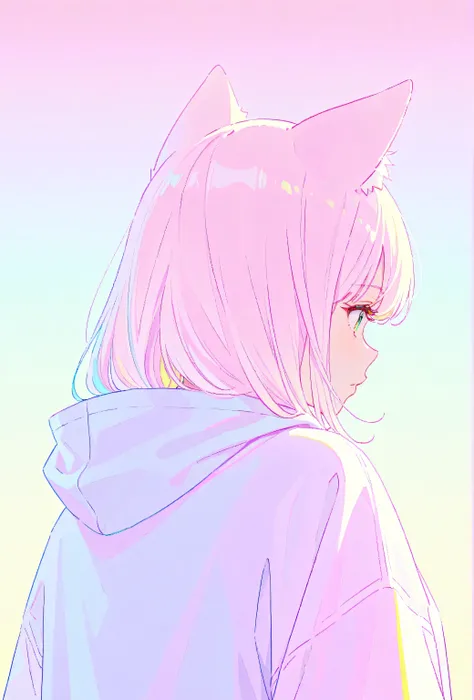 random hot and busty korean catgirl, cat ears, pastel color palette, no background, pastel background, colorful background,
